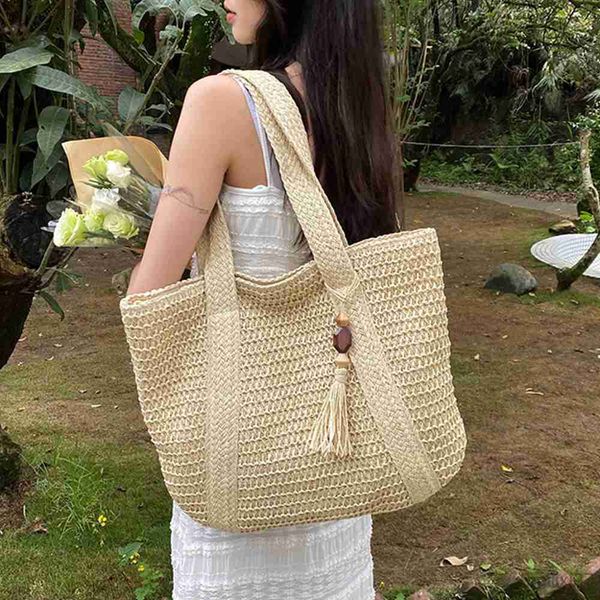 

other bags large woven tote straw women shoulder bag tassel handbags and purses travel beach bags for women designer grass shopper bag, Black;red