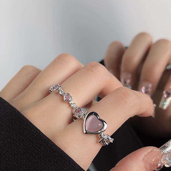 

band rings 2023 korean sweet pink zircon heart open ring for women luxury crystal adjustable finger rings wedding jewelry birthday gift aa23, Silver