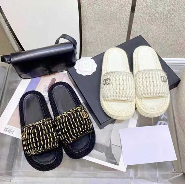 

2023 braided cord sandals embroidery knit women designer slides beige silver black gold chain paris wedge slip on mule beach flip flops bran