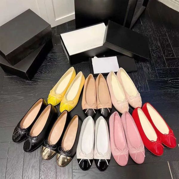 

genuine leather ballet flats women dress shoes velvet quilted tweed logo bow ballerinas sandal mule loafers patent cap toe designer wedding, Black
