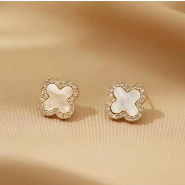 

leaf studs earrings for women girls fashion luxury rhinestone flower 925 silver needle ear jewelry black green white red four leaves charm e