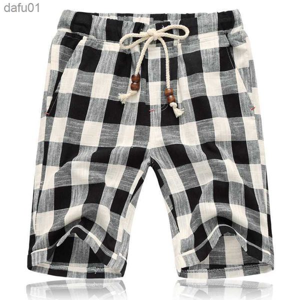 

men's shorts summer new cotton linen casual shorts men grid mens bermudas shorts comfortable male beach shorts l230520, White;black