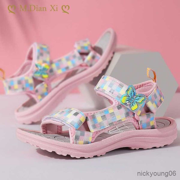

sandals girls sandals fashion plaid girl princess sandals comfortable non-slip children's flat shoes summer beach casual kids shoes r23, Black;red