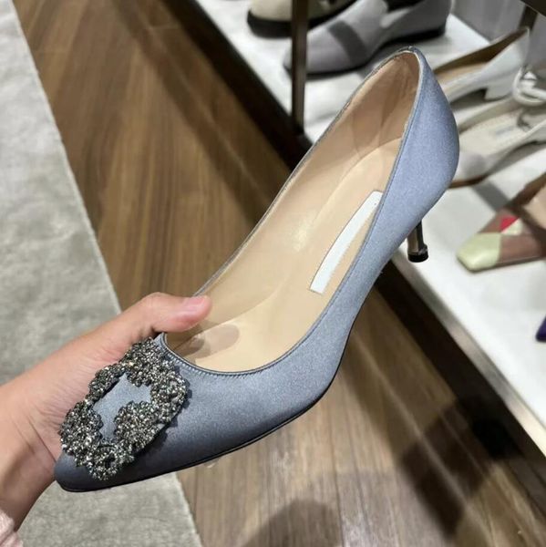 

brand women high heels wedding shoes silk square button drill genuine leather luxery shoes pointed toe pumps 9.5cm 35-42 with dust bag, Black