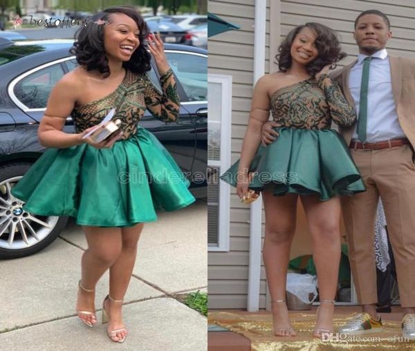

2022 black girls a line one shoulder sequined homecoming dresses long sleeve ruched satin short mini prom cocktail party dress bc18795571, Blue;pink
