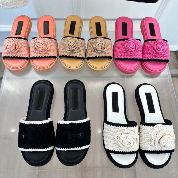 

designer slippers logo slides women interlocking c camellia knit sandals beach slide flat platform ladies mules lambskin real leather flip f, Black