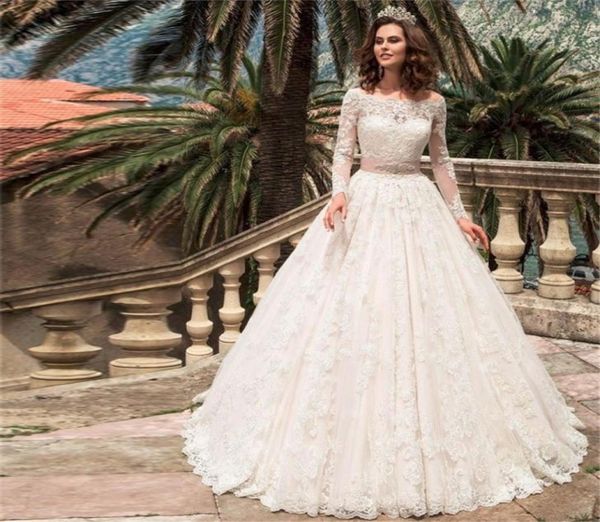

long sleeve lace applique beading sash wedding dresses turkey boat neck a line weding country western bridal gowns vestido de noiv8764346, White
