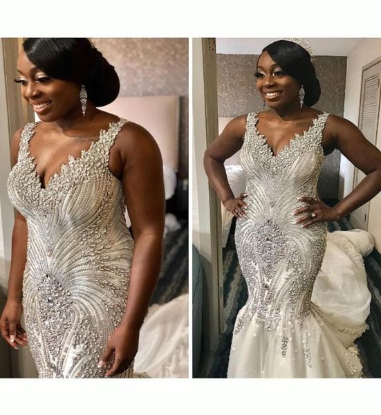 

luxurious 2019 mermaid crystals arabic plus size wedding dresses vneck beaded tulle bridal dresses charming wedding gowns3768129, White