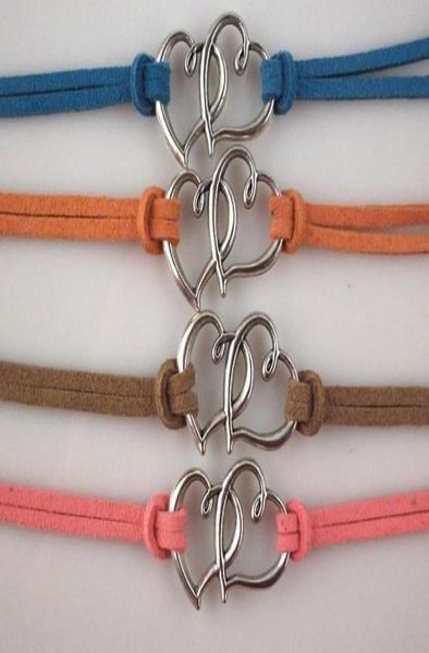 

10pcslot mixed colors 2 hearts love heart leather cord bracelet leather bracelet fashion bracelet3929763, Golden;silver