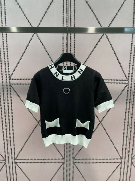 

luxury brand summer new fashion elegant o-neck short sleeve sweater letter knitted pocket pullovers casual female knitwear jumper, White;black
