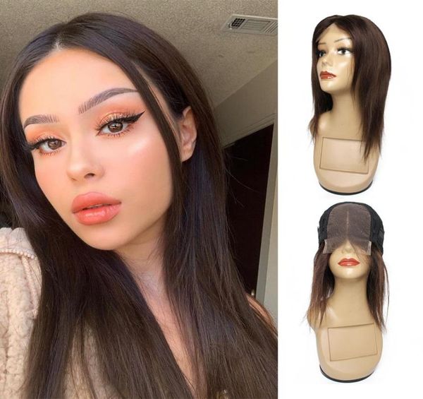 

kisshair dark brown 4x4 lace closure wig middle part straight human hair lace wig brazilian remy 150 density7347116, Black;brown