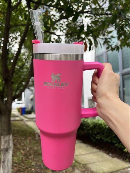 

real ps 40oz pink stanley tumblers with white lid stainless steel car mugs insulated thermos water bottles ready to ship