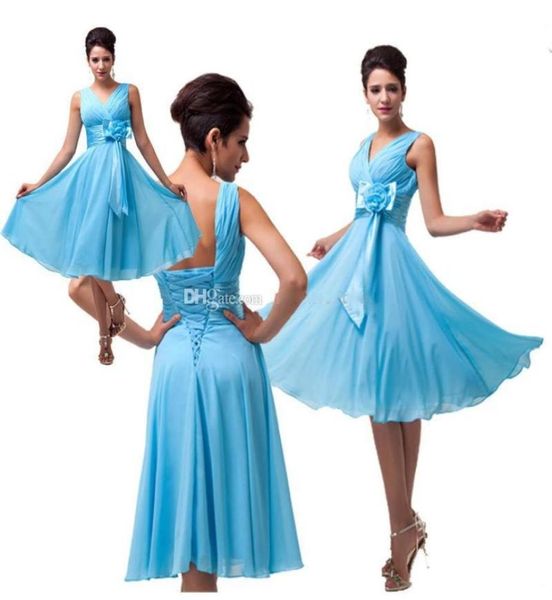 

2019 in stock tea length chiffon prom dresses with hand made flower rushed a line vneck sleeveless lace up evening gowns7262486, Black