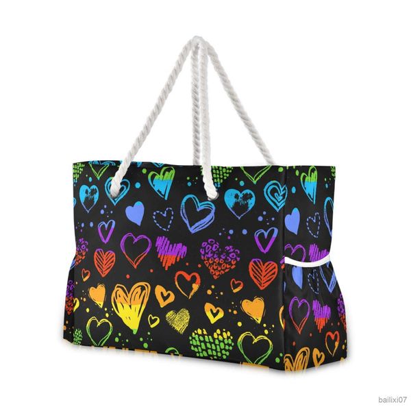 

other bags new rainbow heart dot women shoulder bags trendy waterproof tote beach bag large capacity female travel shopping bags, Black;red