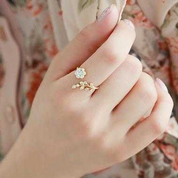 

band rings new fashion rhinestone twisted leaves ful flowers adjustable tail ring for women girl accessories jewelry wholesale aa230529, Silver