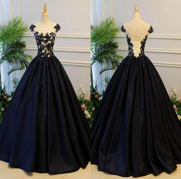 

2023 black satin quinceanera dresses long jewel sheer neck applique lace ruched sequin sweet 16 dresses for girls prom 1079799, Blue;red