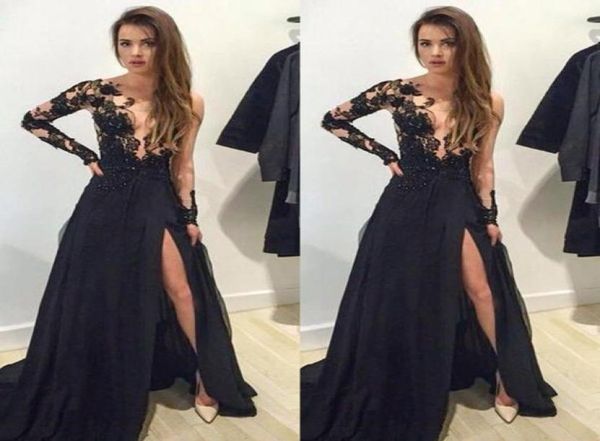

prom dresses side split black chiffon a line with long illusion sleeve appliques chiffon vestido longo evening dress applique1823437