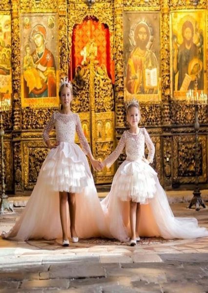 

luxury beaded long sleeves princess pageant gowns scoop neck high low tiered tulle flower girls dresses for weddings party3980354, White;red