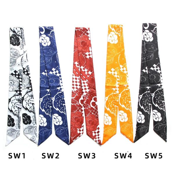

new style flower print long tie small scarf headband bag handle binding ribbon double-sided printing decoration braided hair ribbon mix send, Blue;gray