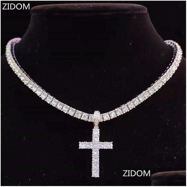 

pendant necklaces pendant necklaces men women hip hop cross necklace with 4mm zircon tennis chain iced out bling hiphop jewelry fash dh67a, Silver