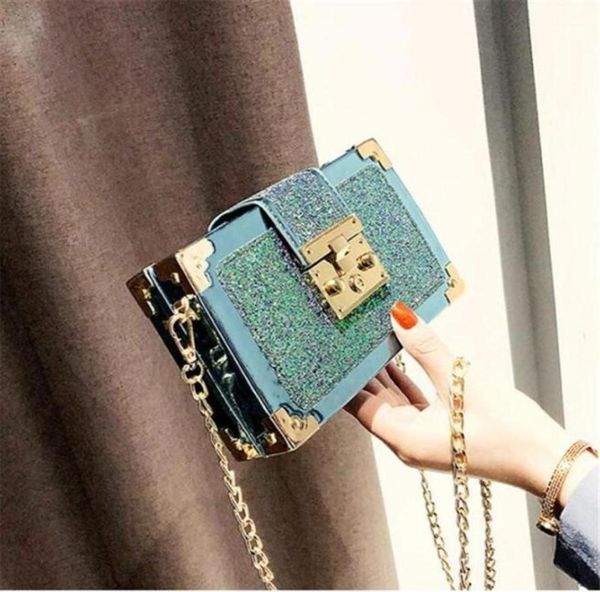 

2021 new female bag korean fashion sequined small suitcase cool fashion oneshoulder messenger bag charming chain small square bag8901888