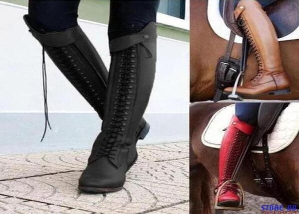 

women retro knee high boots laceup pu platform riding boots female zip low square heel plus size footwears ladies7451537, Black