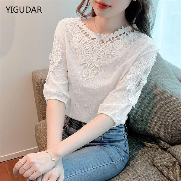 

t-shirt summer women blouse short sleeve embroidery lace chiffon blouse shirt blouse women blusas mujer de moda 2022 blouses femme, White