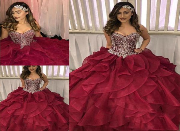 

2019 tiered cascading ruffles quinceanera dresses pageant dazzling silver crystal rhinestone burgundy organza ball gown prom party7945177, Blue;red