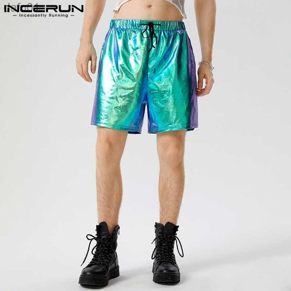 

men's shorts incerun 2023 american style men's sparkling fabric dual color shorts fashion casual party selling rubber waist shorts, White;black