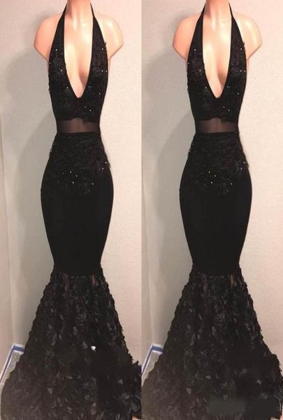 

two pieces black halter deep vneck prom dresses 2019 sleeveless mermaid ruffles backless formal party evening dresses gowns8176556