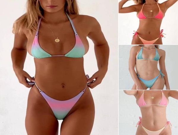 

fashion designer women swimwear mini brazilian swimsuit laceup bikini set thongs bra beach party gradient bathing su3550981, White