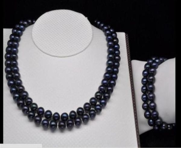 

2 row 89mm tahitian black south sea pearl necklace bracet273y3628833, Silver