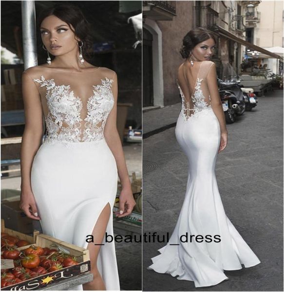 

side split wedding dresses beach lace appliques illusion beach bridal dress satin bohemian wedding formal gown sheath wedding7863510, White