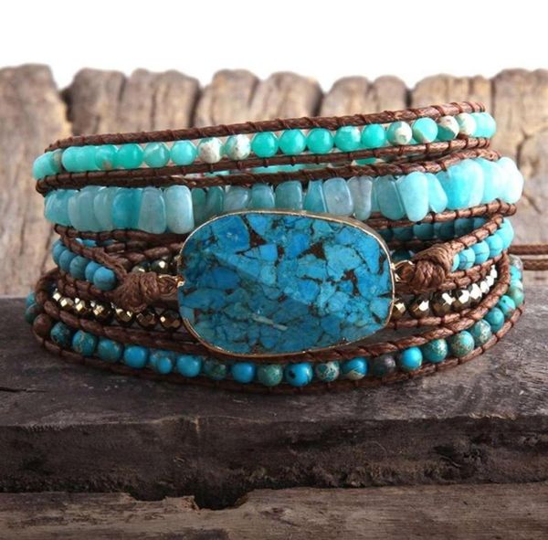

women gift new digner fashion boho bracelet handmade mixed turquoise natural ston charm 5 strands wrap bracelets293q3240197, Golden;silver