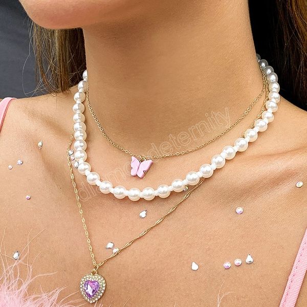 

boho pink butterfly crystal peach heart pendant necklace multi layered sweet imitation pearl girl wedding fashion jewelry, Silver