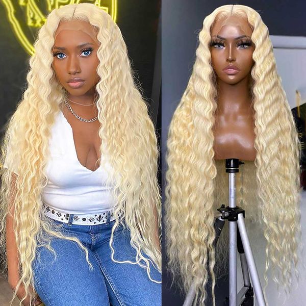 

13x4 deep wave lace front wig 613 honey blonde curly transparent lace frontal wig 180% 4x4 water wave colored human hair wigs, Black;brown