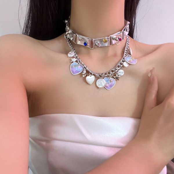 

kpop choker spliced colorful gems baroque pearl rivet leather adjustable collar for men and women colorful love jewelry gift, Golden;silver