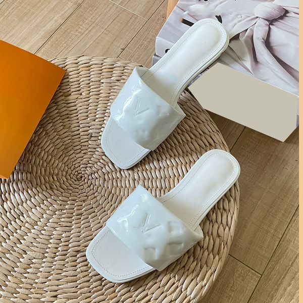 

designer womens slippers patent leather print solid color flat sandals home bathroom outdoor beach shoes luxury brand summer ballet shoe cas, Black