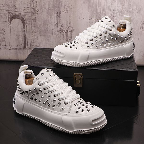 

designer men's british white green rivets shoes height increasing causal flats shoes loafers sport walking sneakers zapatillas hombre, Black