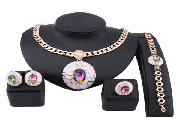 

exquisite dubai gold crystal enameled jewelry set brand nigerian wedding woman bridal party necklace earring jewelry set8985585, Slivery;golden