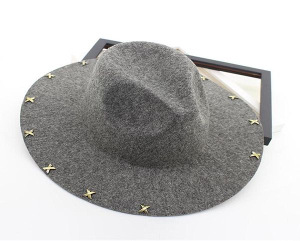 

wide brim wool felt fedora jazz hats rivets decor women men panama style trilby party cowboy cap fashion gambler hat4007076, Blue;gray