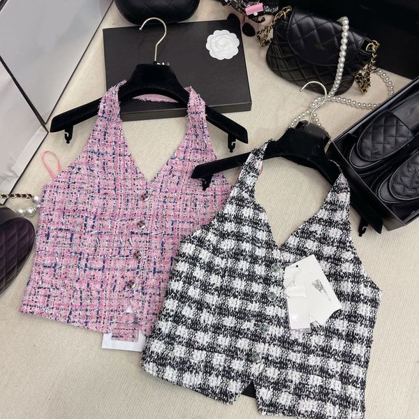 

2023 luxury women's elegant tweed tanks fashion lady crop summer women's single breasted sleeveless v-neck vest, Black;white