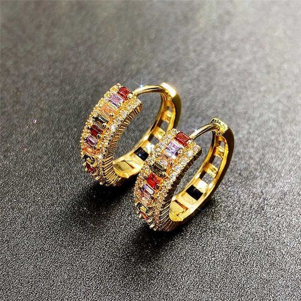 

stud huitan rainbow rectangular cubic zirconia hoop earrings for women bling luxury wedding accessories party fashion jewelry j230529, Golden;silver