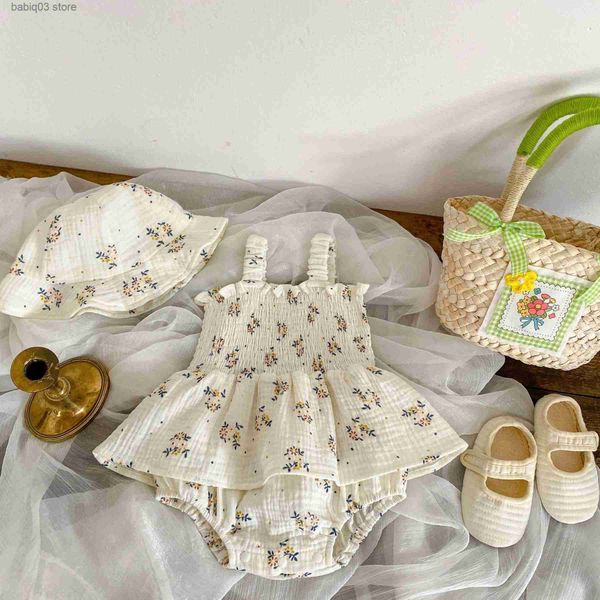 

rompers summer organic cotton baby girls rompers flower print suspender jumpsuit dress + hat clothes sweet elastic waist elastic romper t230, Blue