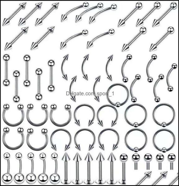 

jewelrystainless steel set tongue rings body piercing eyebrow belly nose nail jewelry aessories 120 mixes whole drop delivery 6963590, Silver