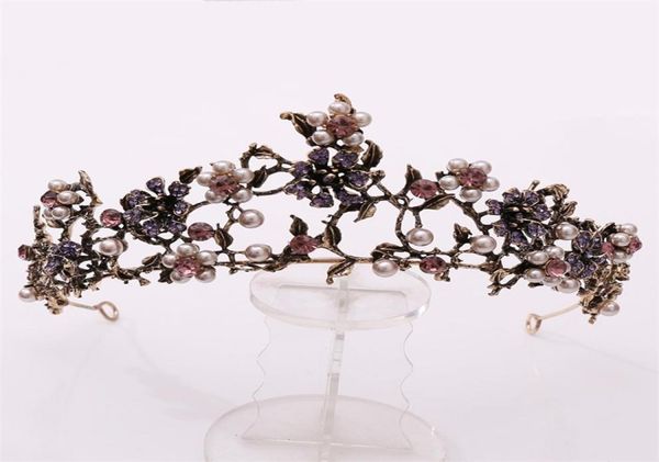 

baroque vintage black purple crystal pearls bridal tiaras crown pageant diadem veil tiara wedding hair accessories 2107019112441, Slivery;golden