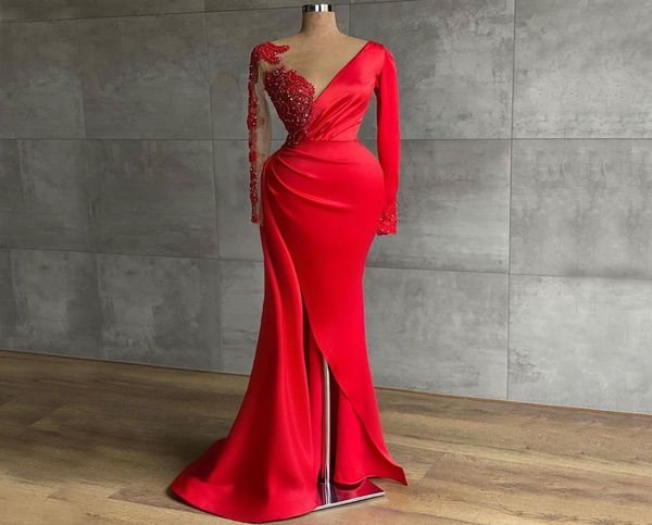 

red beaded mermaid prom dresses jewel neck long sleeves side split evening gowns sweep train satin formal dress6405810, Black