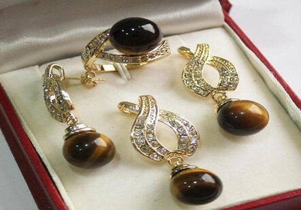 

prett lovely women039s wedding beautiful new jewelry 12mm tiger eye stone pendant earring ring set7810437, Slivery;golden