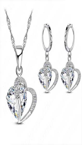 

luxury women 925 sterling silver cubic zircon necklace pendant earrings sets cartilage piercing jewelry wedding heart design2350044228750