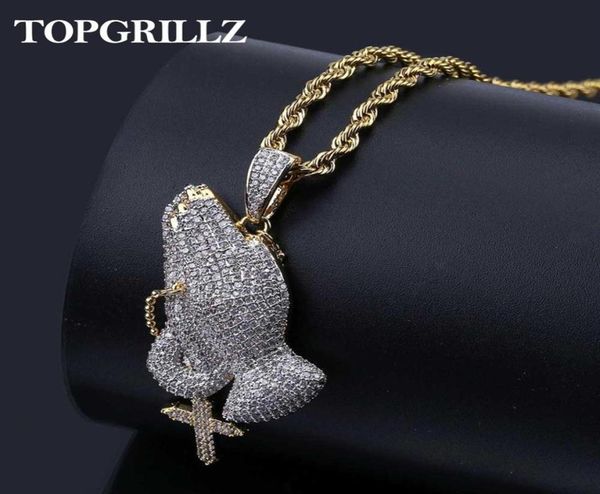 

iced out praying hand pendant necklace with cross mens women gold silver color hip hop charm jewelry necklace chain for gifts t1917294416